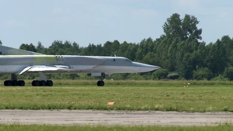 Tu-22M3 Nato Name: Backfire missile carrier. Wing and flaps in take-off position Stock Footage 111664499