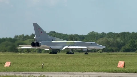 Tu-22M3 Nato Name: Backfire is moving  in direction of start to take-off. Stock Footage 111664516