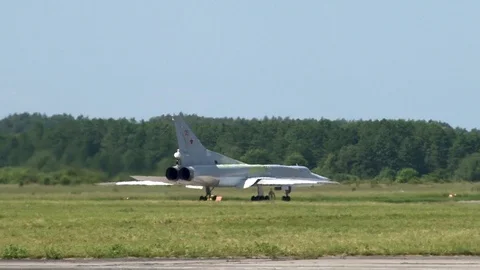 Tu-22M3 Nato Name: Backfire Supersonic rocket carrier is moving along runway. Video stock 112089300