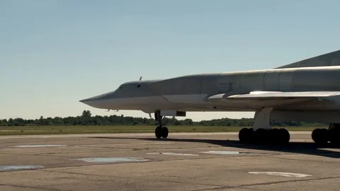 Tu-22M3 supersonic bomber in parking lot before runway. Video stock 110869337