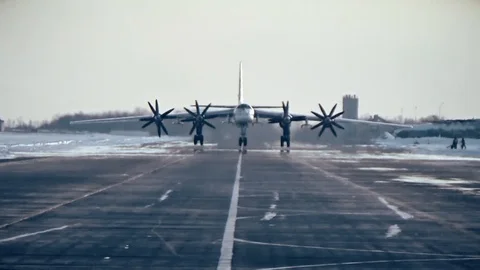 Tu-95 is rotating propellers in winter Video stock 87247841