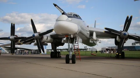 Tu-95 "Russian Bear" Soviet and Russian turboprop strategic bomber Stock Footage 114991425