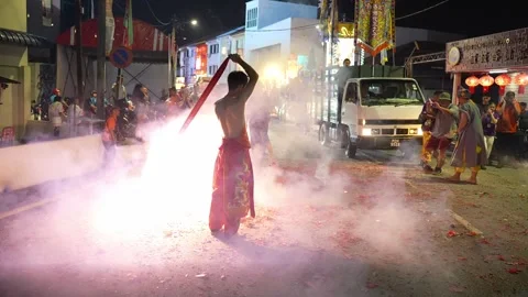 Tua Pek Kong Deity Procession Through Air Itam Streets at Night Stock Footage 345446042