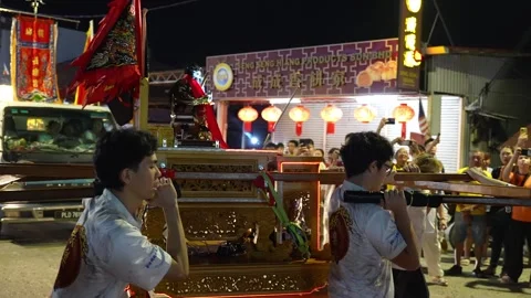 Tua Pek Kong Deity Procession Through Air Itam at Night Stock Footage 345446152