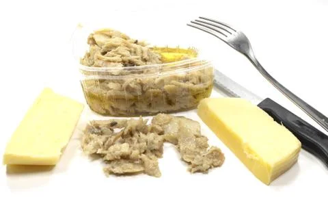 Tub of polenta with Vicenza-style cod Stock Photos