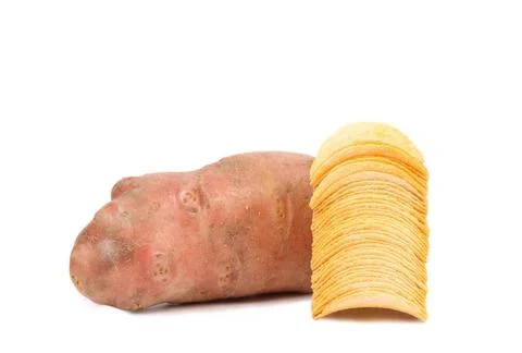  Tuber of potato and stack chips. Tuber of potato and stack chips. White b... Stock Photos