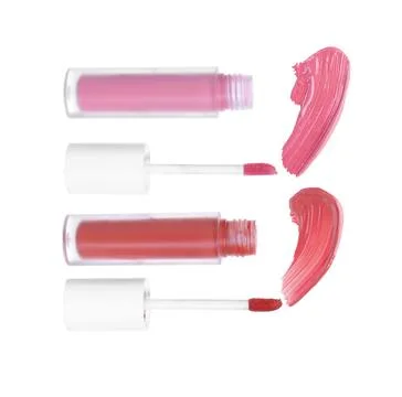 Tubes of lip gloss, applicators and samples isolated on white Stock Photos