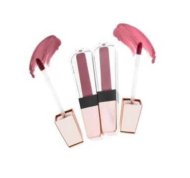 Tubes of lip gloss, applicators and samples isolated on white Stock Photos