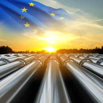 Tubes running in the direction of the setting sun with Europe union flag Stock Illustration