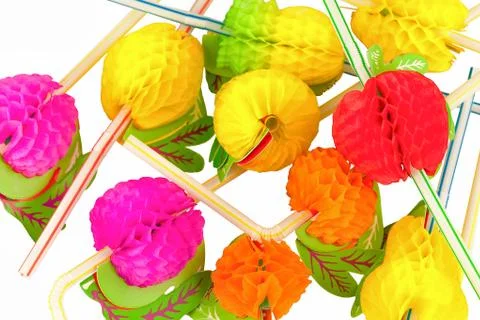 Tubes for soft drinks with paper fruit Stock Photos