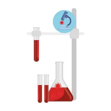 Tubes test in base with microscope and particles covid 19 Illustrazione stock