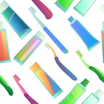 Tubes of toothpaste and toothbrushes items seamless pattern. Cartoon style. I Stock Illustration
