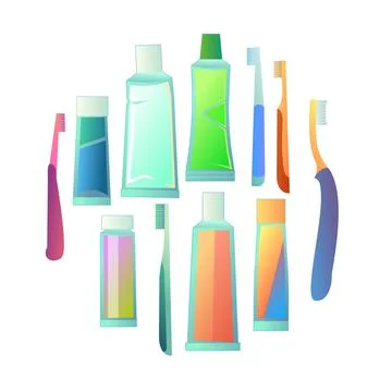 Tubes of toothpaste and toothbrushes picture in form of circle. Items for den Illustrazione stock