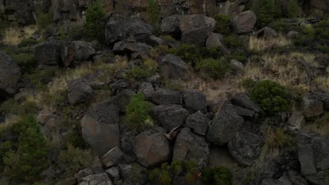 Tuck Shot. Flying Parallel to Rocky Hill Side With Boulders and Plants  Stock Footage 249821572