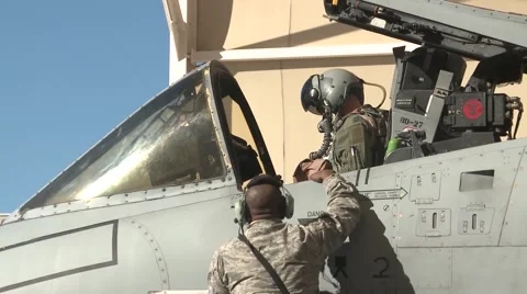 TUCSON USA, JANUARY 2016, US Air Force Soldier Climb To Cockpit Pilot A-10 Stock Footage 60352089