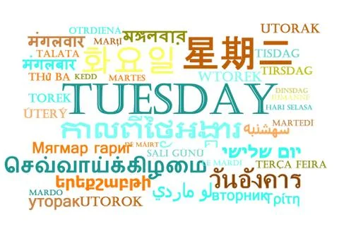 Tuesday multilanguage wordcloud background concept Stock Illustration