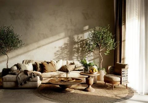 Tufted sofa in a warm boho living room with cane armchair and olive trees Ilustración de archivo