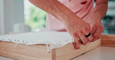 Tufting, hands and textile to work on craft, weaving and frame for design in a Stock Footage 306434546
