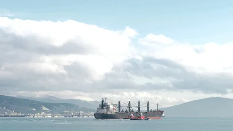 The tug is accompanied by a large transport ship with full holds from the port Stock Footage 102680980