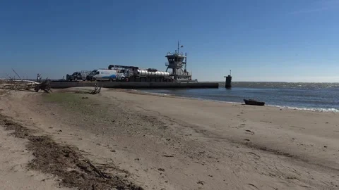 Tug and Barge Backing into Cape Fear River Stock Footage 302120762
