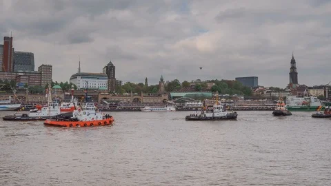 Tug ballet show on the Elbe Stock Footage 87833182