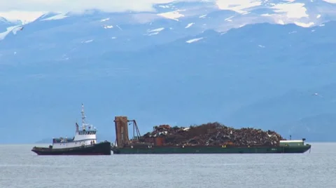 Tug Boat and Scrap Metal Barge Stock Footage 8564679