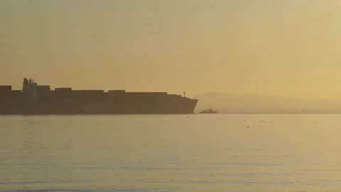 Tug boat appearing from behind large cargo ship San Francisco Bay Stock Footage 233902832