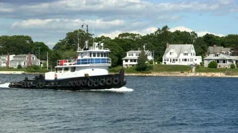Tug boat pulls barge Cape Cod canal Video stock 12184446