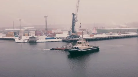 Tug boats in winter Stock Footage 49093189