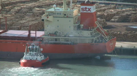 Tug pushes log ship into berth Stock Footage 397079