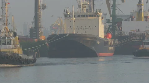 The tug sails into port by a cargo ship Stock-Footage 64902898