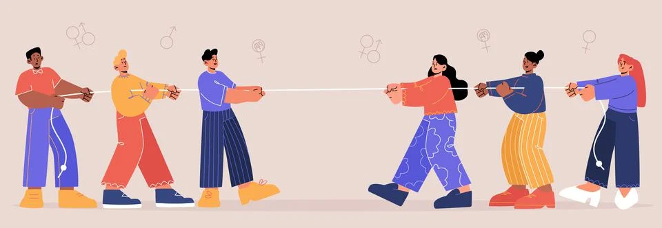 Tug of war competition between men and women teams Stock Illustration