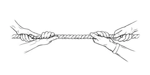 Tug war competition with rope. Hands pulling rope. Sketch hand drawn vector 스톡 일러스트