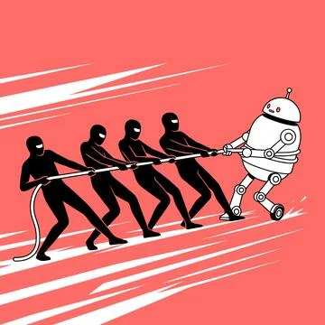 Tug of war robot android vs humans futuristic illustration concept 库存插图