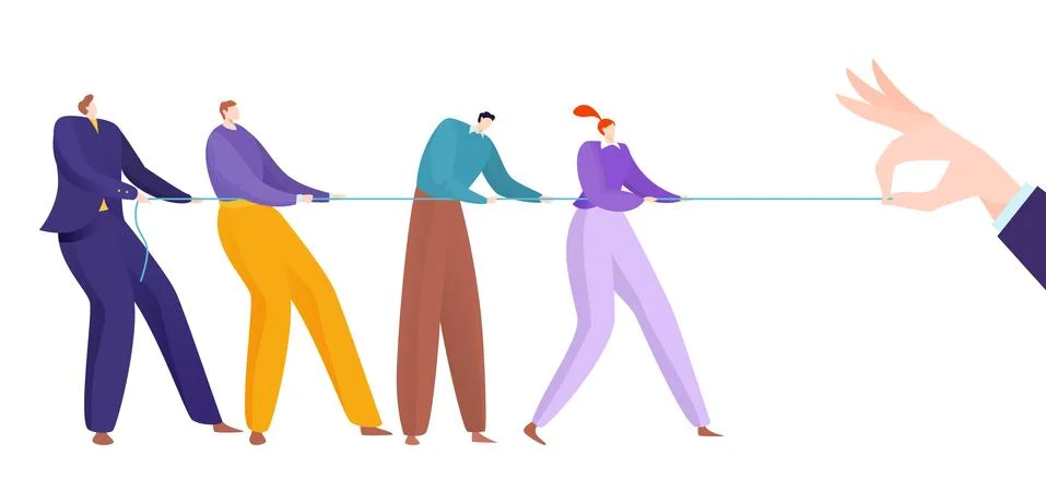 Tug war teamwork, hands pull rope concept vector illustration. Together Stock Illustration