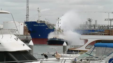 Tugboat and ship fire simulation, November 19, 2019. Stock Footage 169675178