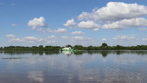 The tugboat floats on the Neman River Stock Footage 211810089