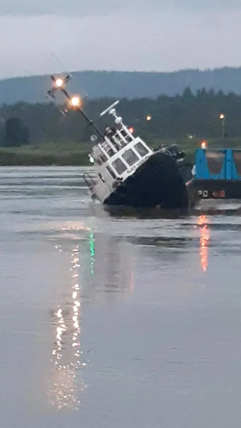 Tugboat Manages to Avoid Capsizing, Mission, British Columbia, Canada - 12 May 2 Stock Footage 205346591