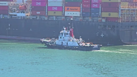 Tugboat maneuvering alongside massive container ship carrying Hapag-Lloyd and Vídeo Stock 331071789