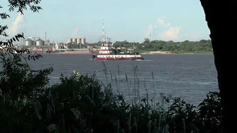 Tugboat Navigating a Border River Between Argentina and Paraguay Stock Footage 253130529