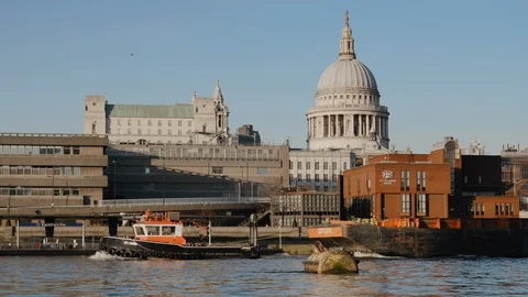 Tugboat pulling Barge on the River Thames London Stock Footage 113970277