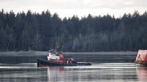 A tugboat pulling a large barge of wood chips for the timber industry. Stock Footage
