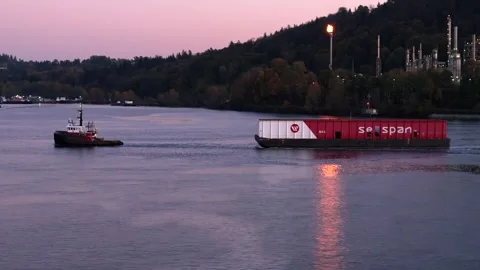 Tugboat pulling a small Barge in vancouver bay, Aerial view. 動画素材 254501901