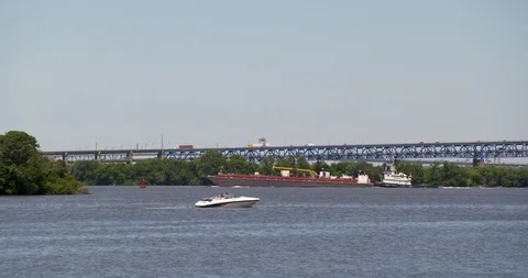Tugboat pushes barge on the delaware river Stock Footage 90921994