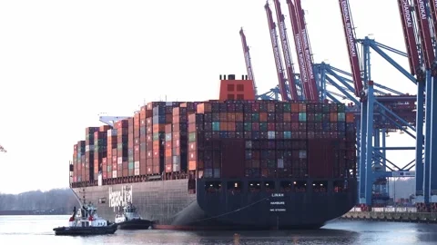 Tugs pushing and pulling a container ship to its anchorage Stock Footage 231753353