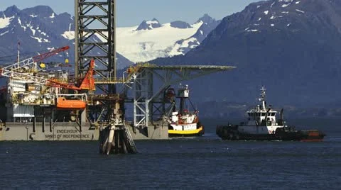 Tugs Towing Jack Up Rig Close Helipad Glacier Stock Footage 11883264