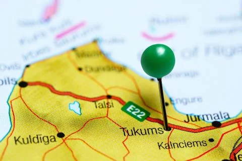 Tukums pinned on a map of Latvia Stock-Fotos