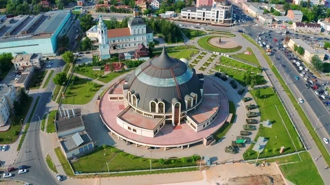Tula State Museum of Weapons, new building of museum in form of helmet, aerial Stock Footage 108948431