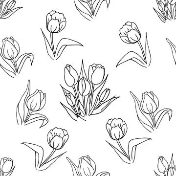 Tulip black line vector seamless pattern. Tulip seamless pattern vector Stock Illustration