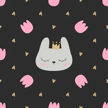 Tulip floral seamless pattern with cute bunny face. Vector illustration. Stock Illustration